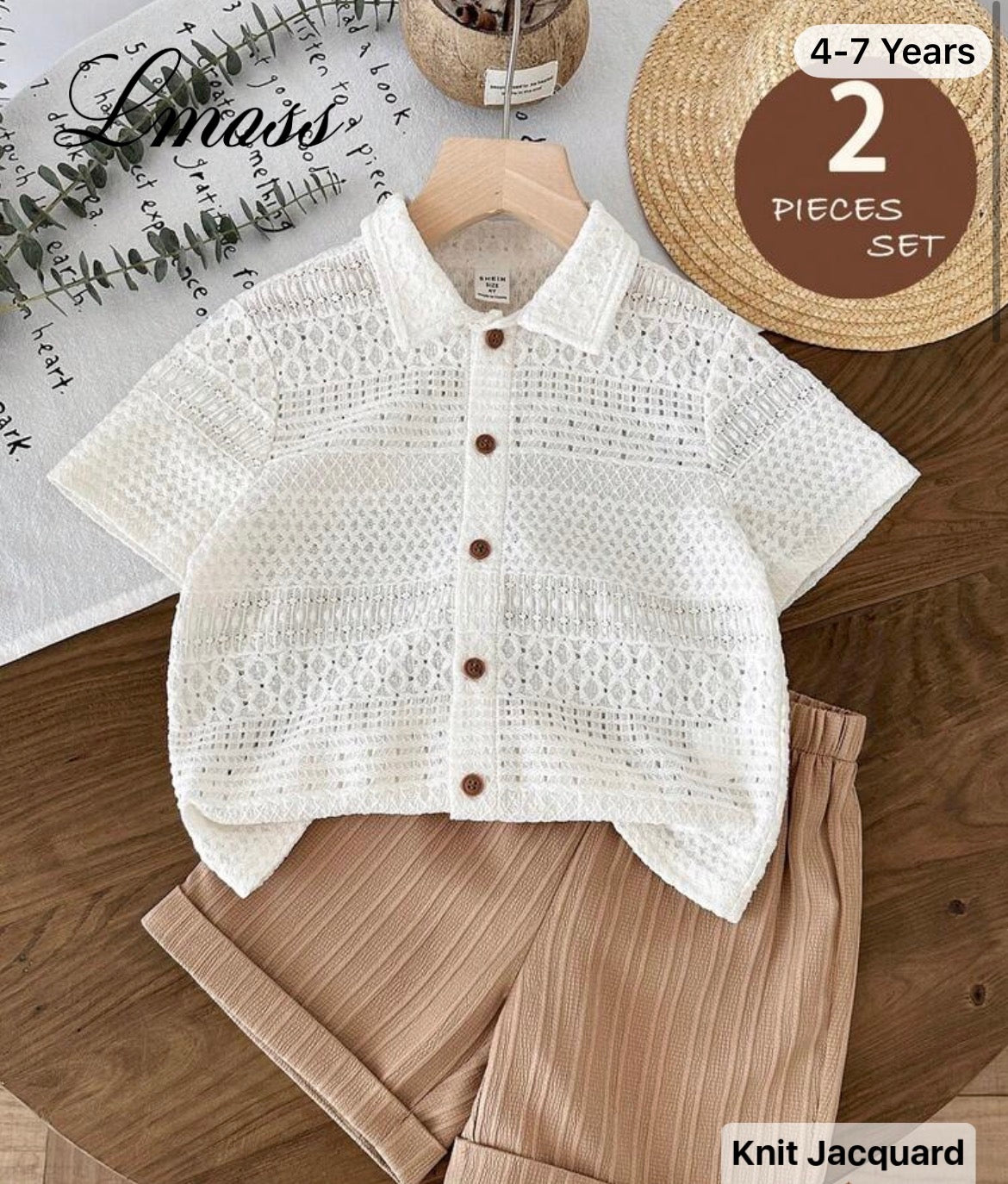 2pcs Short Sleeve White Shirt And Brown Shorts,