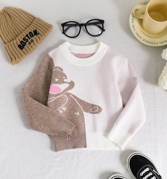 Crew Neck Pullover Bear Cartoon Pattern Long Sleeve Winter