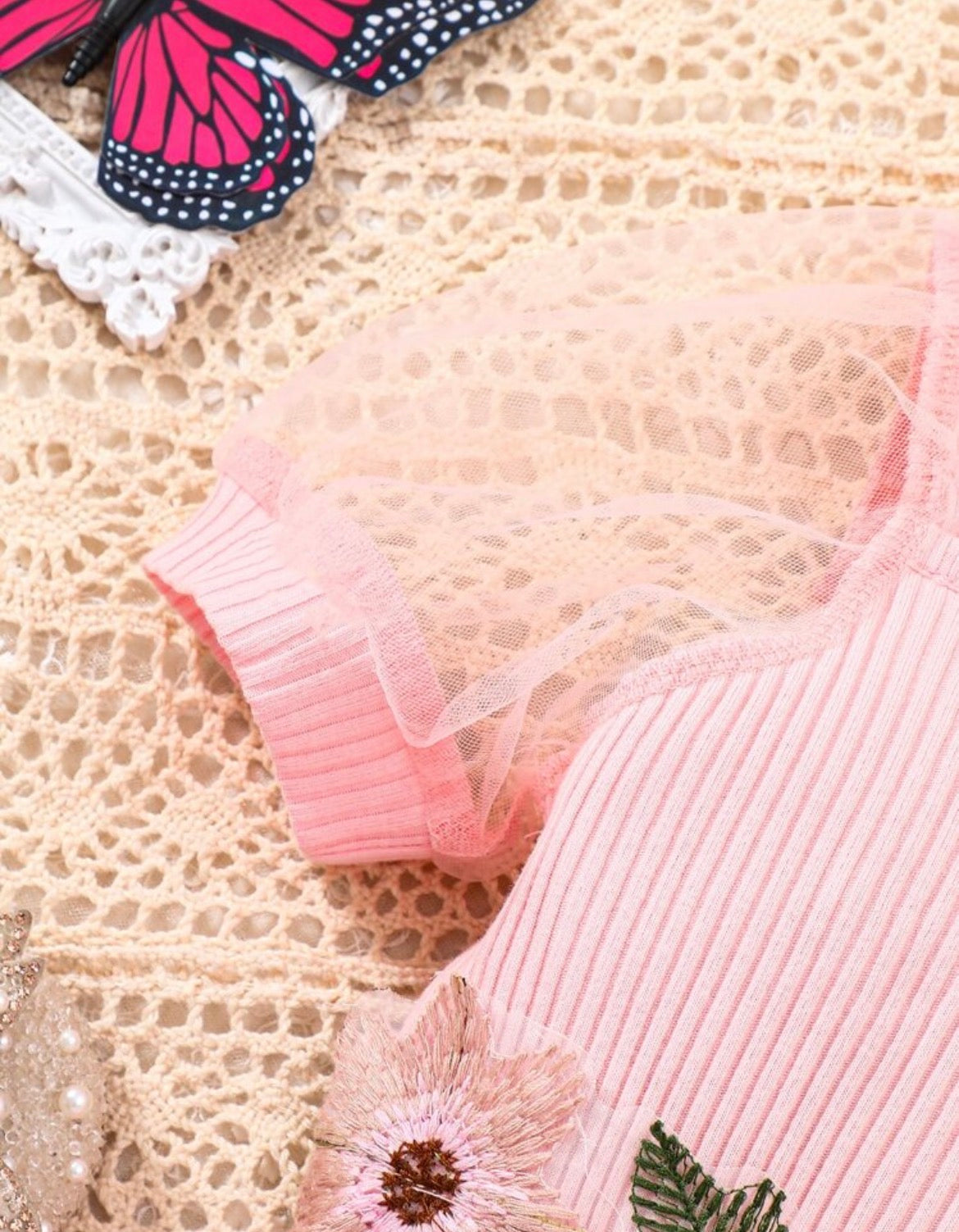 Floral Appliques Mesh Puff Sleeve Romper