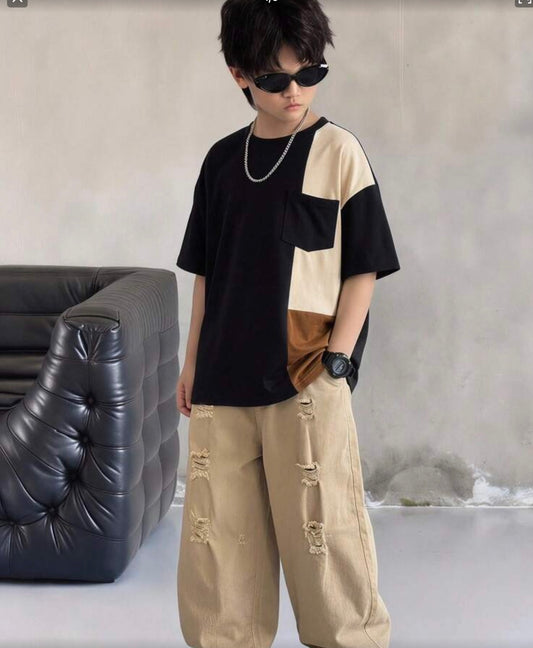 Tween Boys Denim Jeans Set, Round Neck Pullover Black T-Shirt,