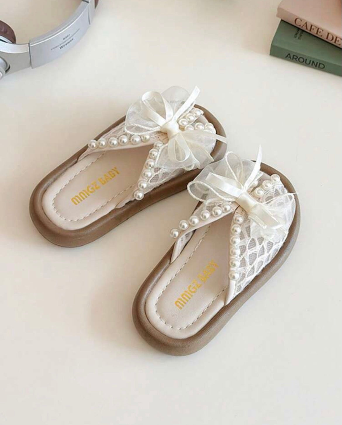 Pearl Bow Lace Open Toe Flat