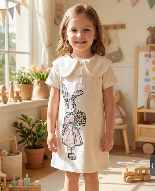 Rabbit Holding Flower Pattern Lapel Short Sleeve Sweet A-Line Fitted