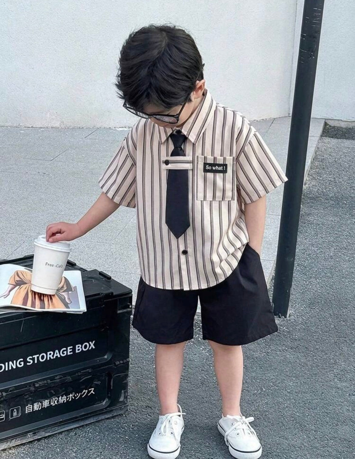 Japanese Academy Style Stripe Pattern Patch Pocket Collar Short Sleeve Shirt With Tie Set