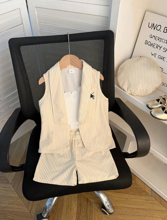 4pcs/Set Striped Vest Jacket & White Lace Trim Camisole & Beret Hat & Matching Shorts