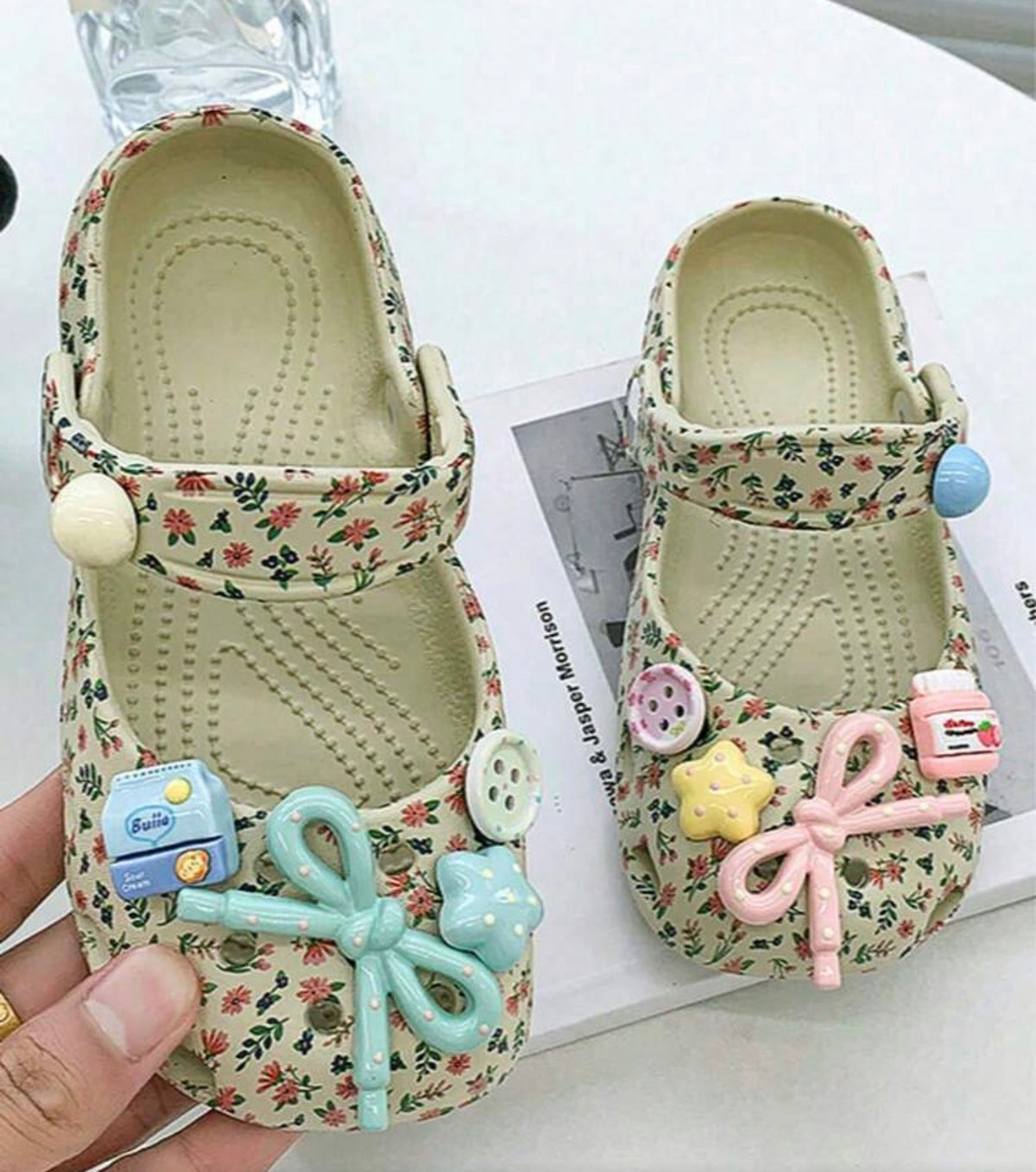 1 Pair Beige Floral Flower Summer Clogs