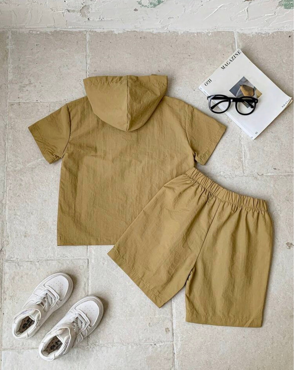 2 Pieces Hooded Jacket With Letter Print And Elastic Waist Shorts