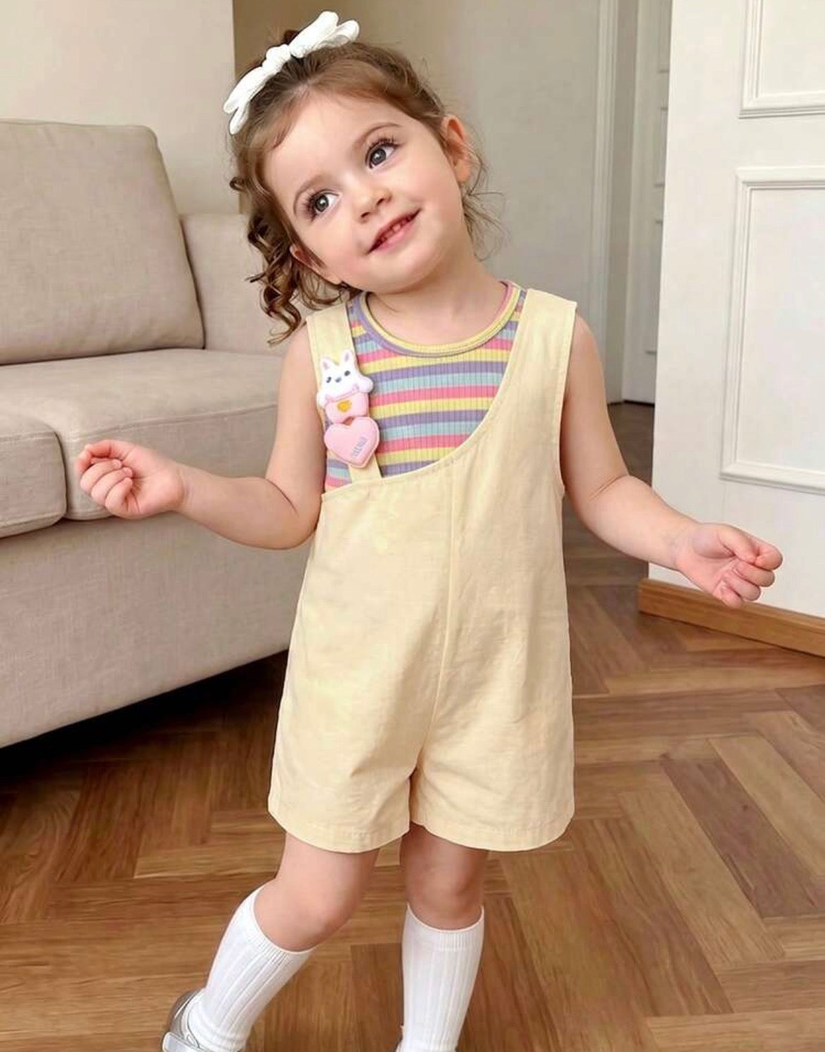 2pc Sleeveless Colorful Striped Tank Top Paired With Yellow Bib shorts