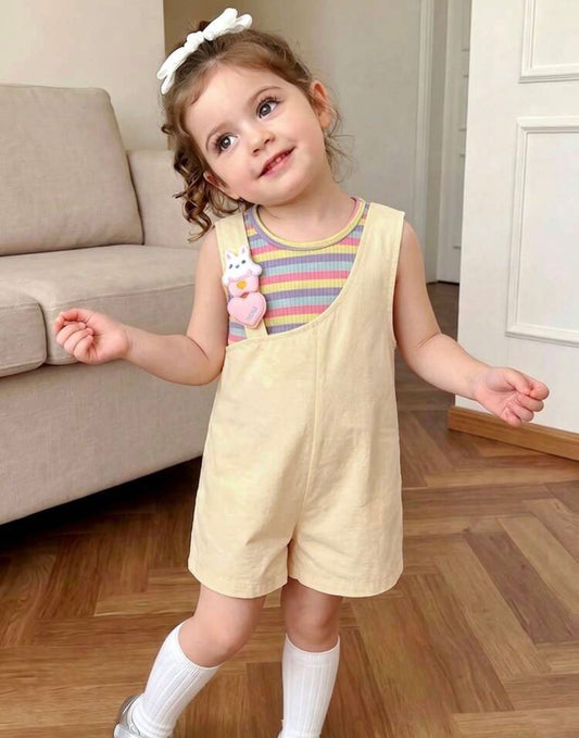 2pc Sleeveless Colorful Striped Tank Top Paired With Yellow Bib shorts