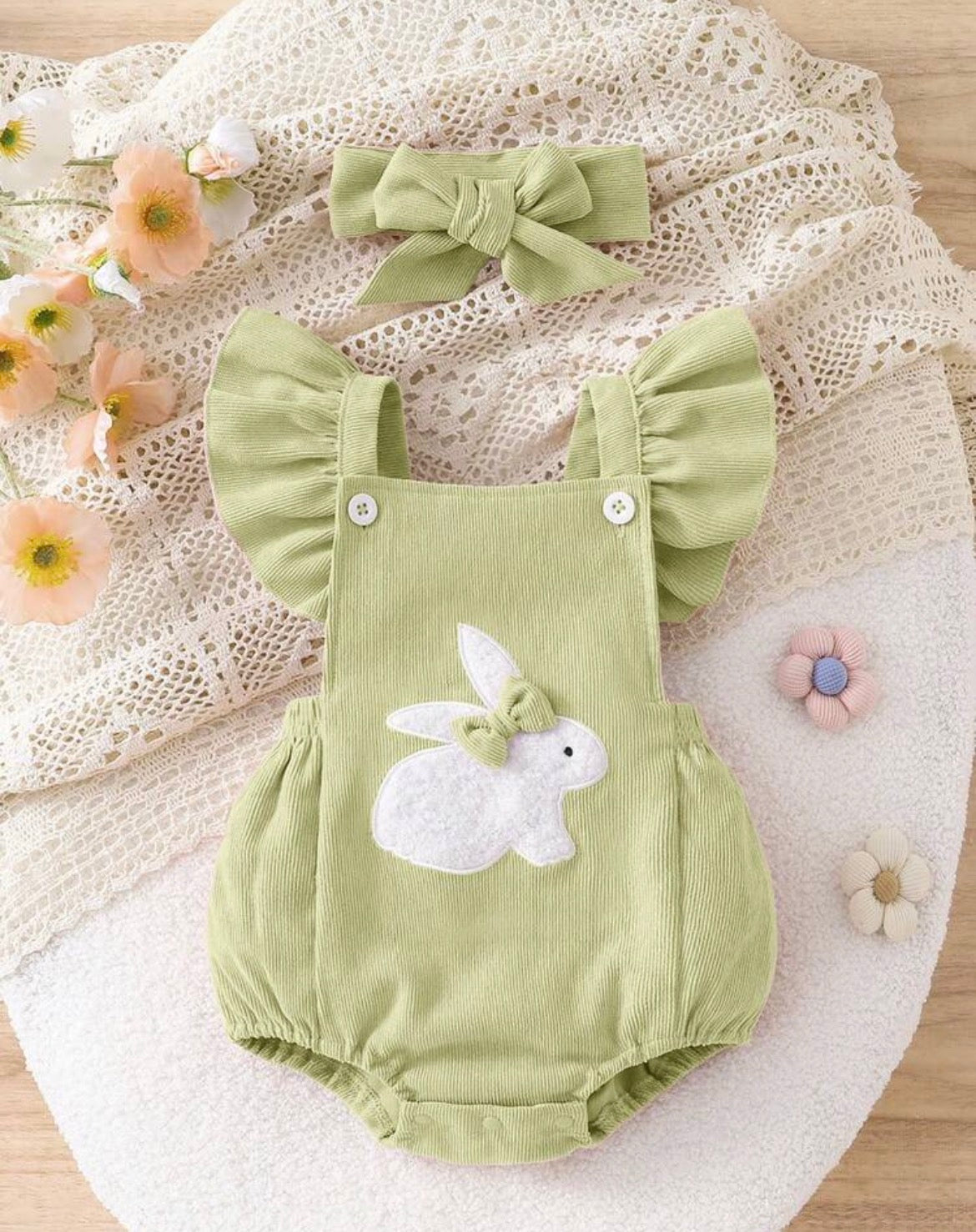 2pcs Baby Cute Rabbit Embroidery & Pom Decor Sleeveless Romper Set