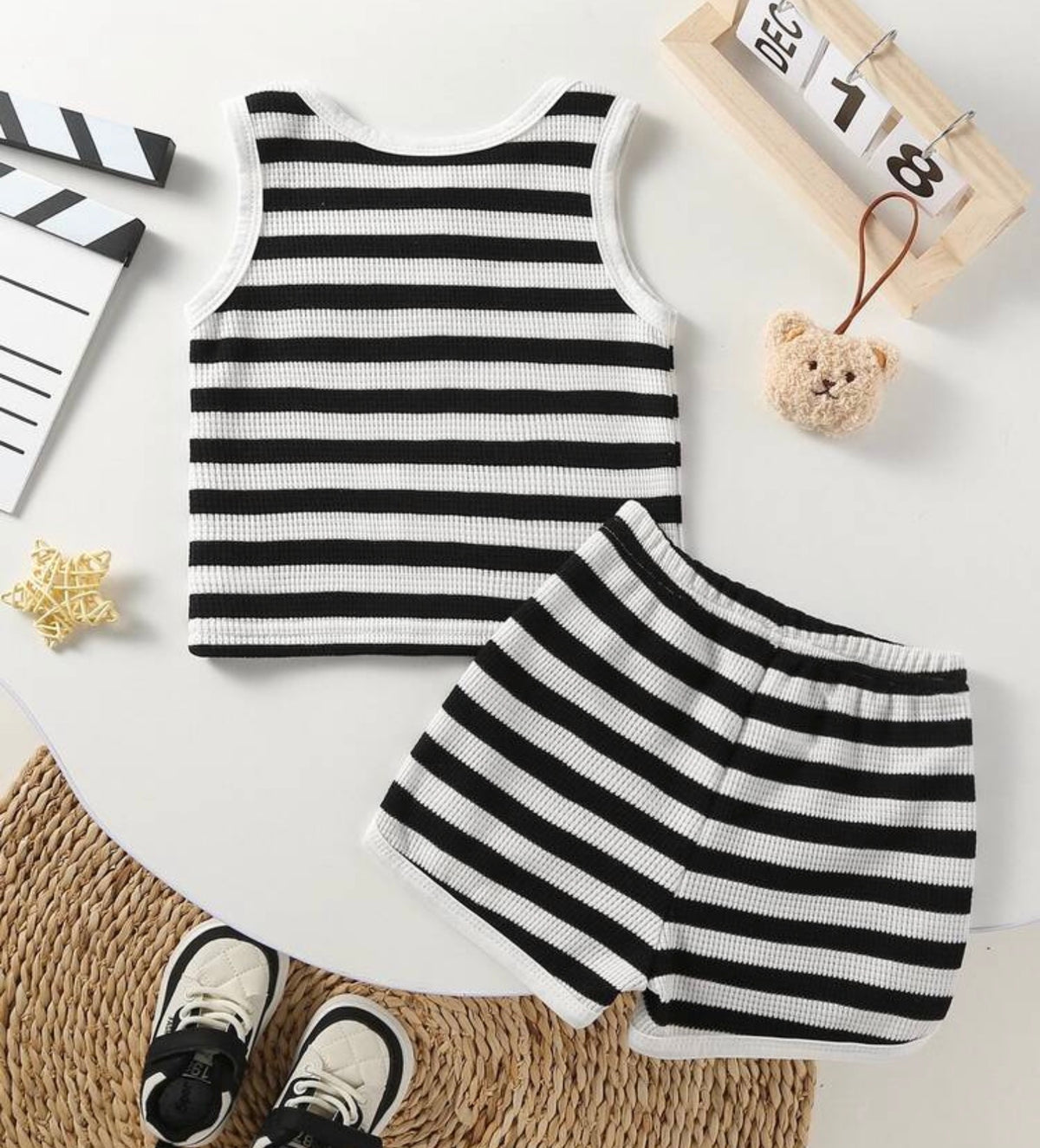 Black And White Striped Bear Embroidered Sleeveless Top With Shorts, 2pcs