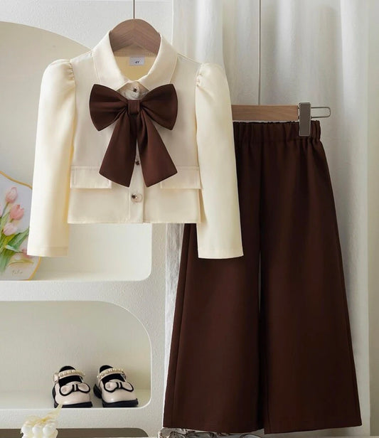 Off‑White Top With Big Brown Bow + Coffee Wide‑Leg Pants 2‑Piece Suit
