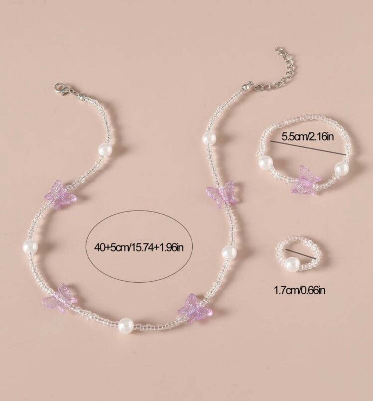 1pc Girls Butterfly & Faux Pearl Decor Plastic Necklace & 1pc Ring & 1pc Bracelet For Daily Decoration