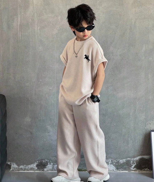 Korean Style Loose Fit Solid Color Beige Vest And Pants Set