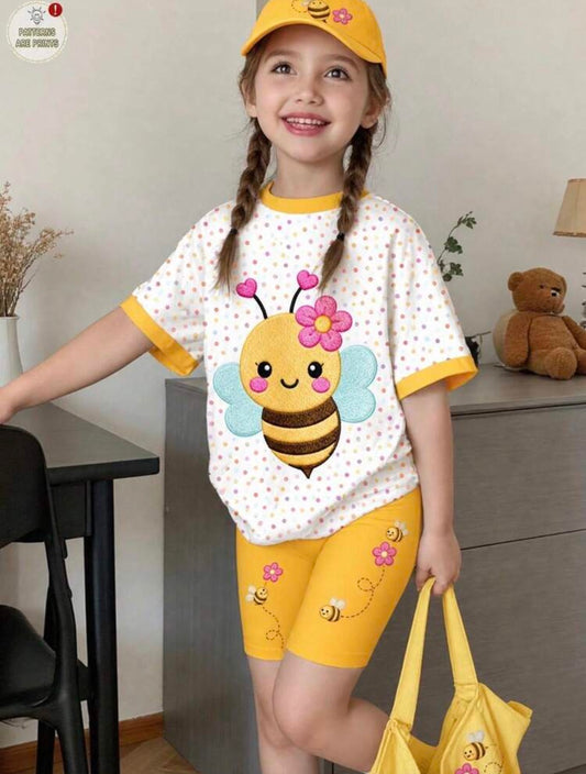 Bee Pattern Digital Print, Girls Casual Polka Dot Short Sleeve T-Shirt And Yellow Leggings