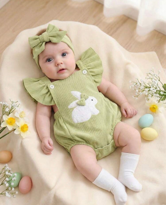 2pcs Baby Cute Rabbit Embroidery & Pom Decor Sleeveless Romper Set