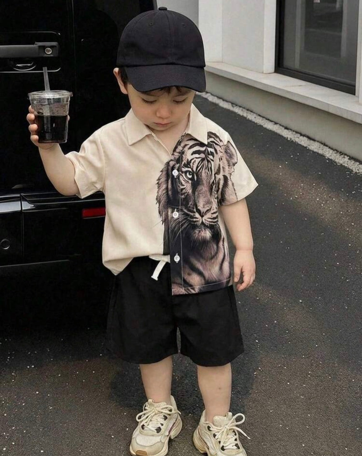 Tiger Print Polo Shirt And Shorts Set