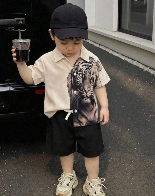 Tiger Print Polo Shirt And Shorts Set