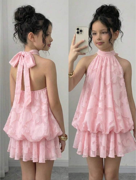 Hot Pink Backless Lace Embroidered