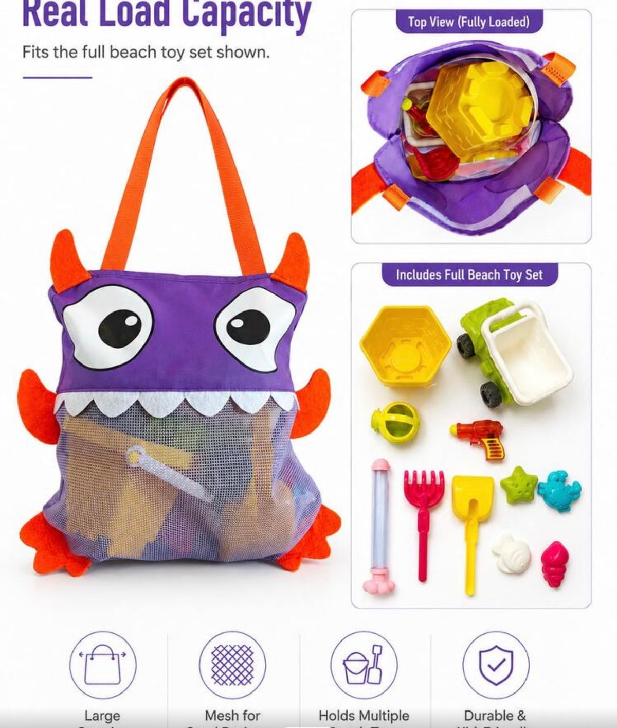 1pc Kids Beach Toy Bag, Large Foldable Mesh Tote, Cute Monster