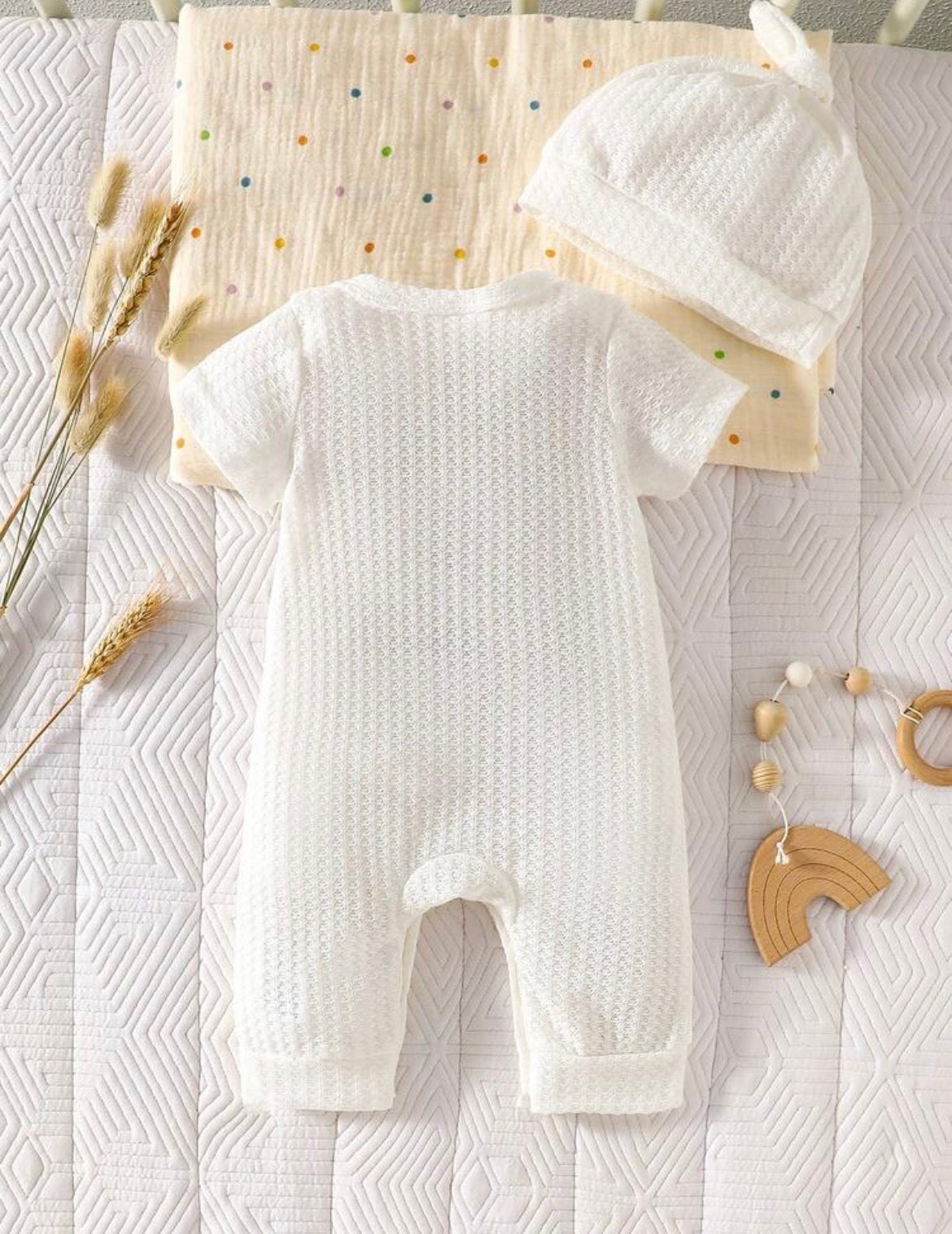 2pcs/Set Christening Jumpsuit Waffle Knit Short Sleeve Bodysuit&Hat