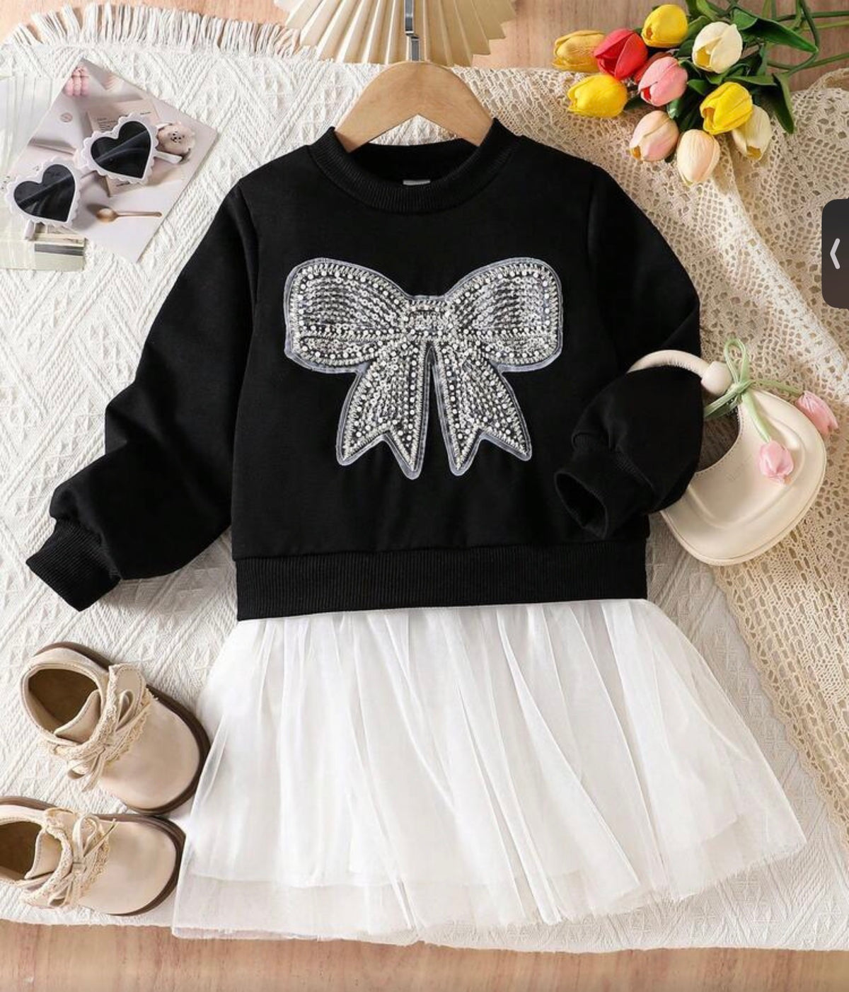 2pcs Toddler Girl Tulle Tutu Dress 3D Floral Bow Mesh Long Sleeve Round Neck