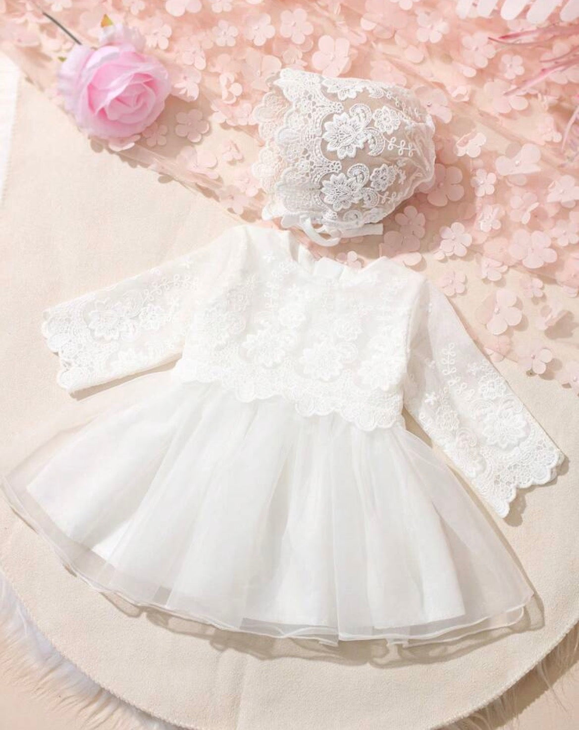 White Lace Dress,2 Pieces Puff-Sleeve Mesh Round Neck Fitted Christening Gown & Hat