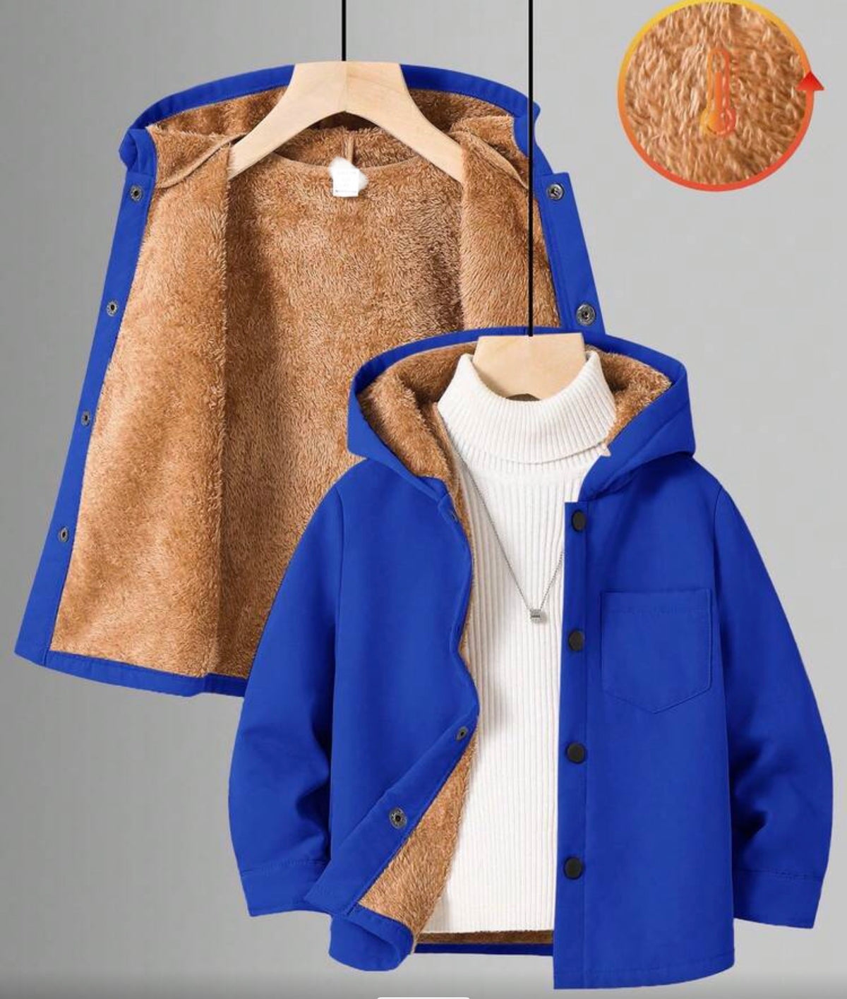 Fleece Lining Hooded Open Front Long Sleeve Mid-Weight Woven Jacket Winter