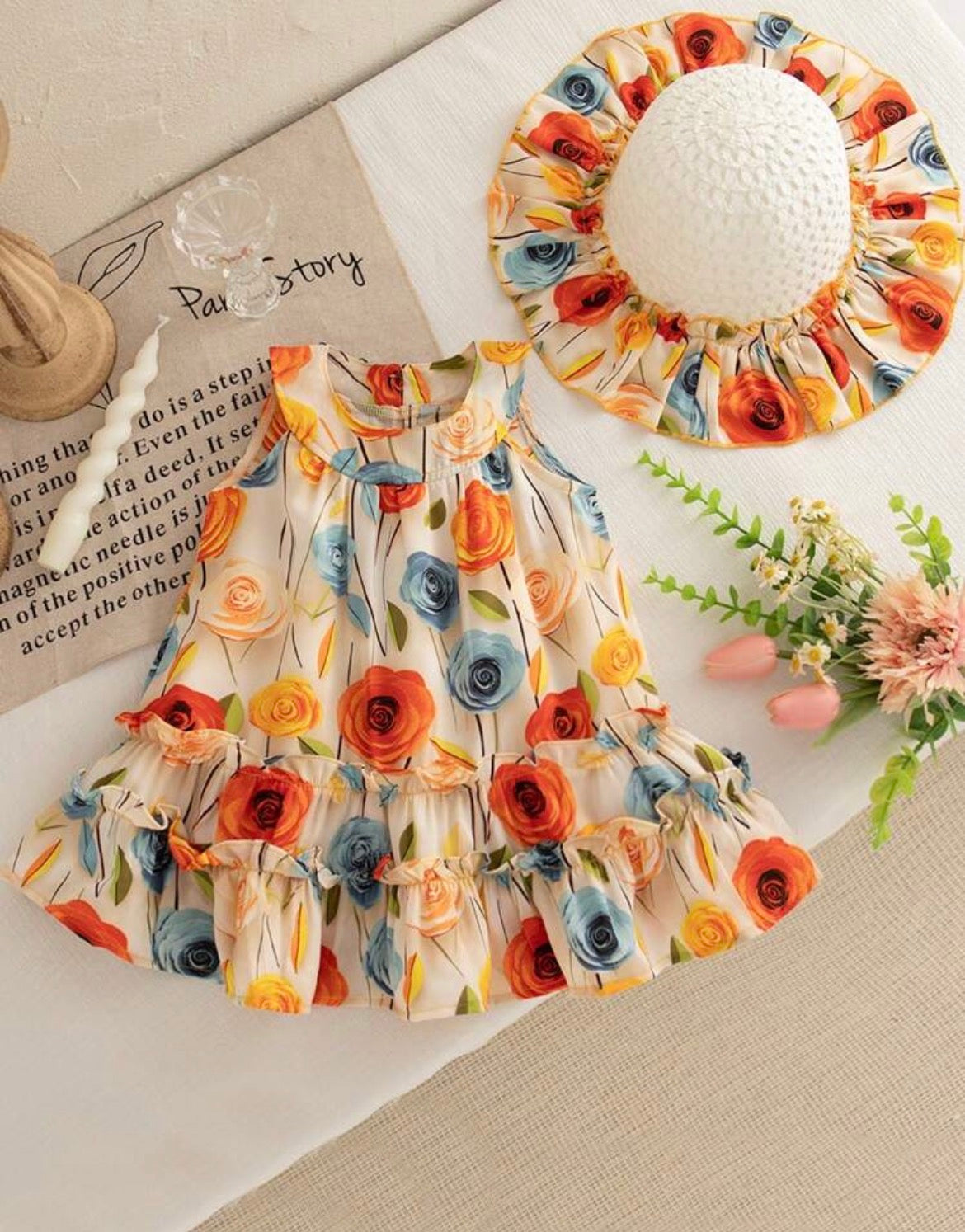 2pcs/Set Baby Girl Summer Sleeveless Colorful Rose Print Dress & Hat,