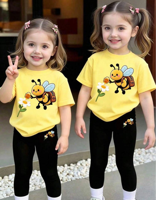 2pcs/Set Loose Round Neck Short Sleeve T-Shirt And Black Leggings