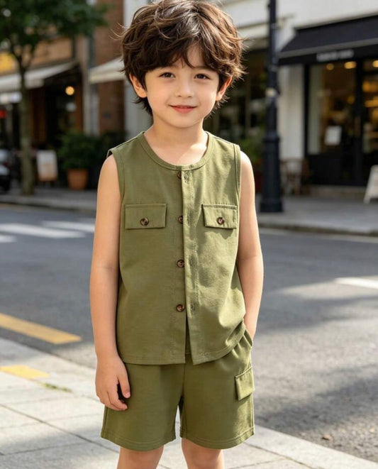 2pcs/Set Workwear Sleeveless Top + Solid Color Casual Shorts