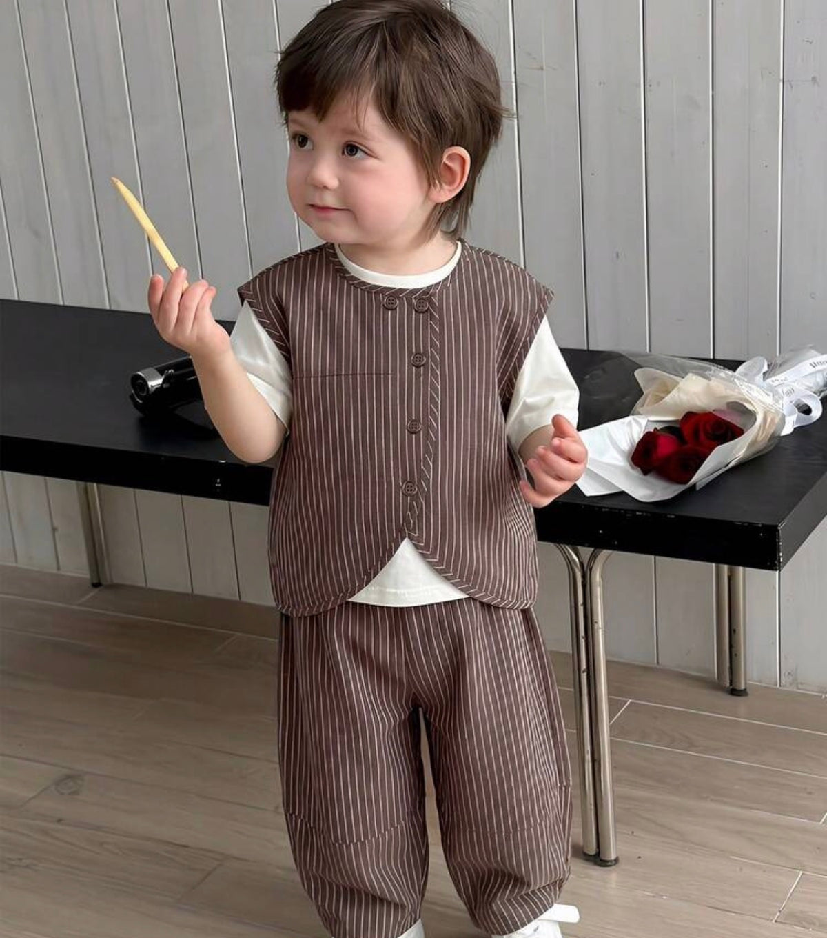 Round Neck Sleeveless Front Button Striped Casual Loose Shirt Set Toddler