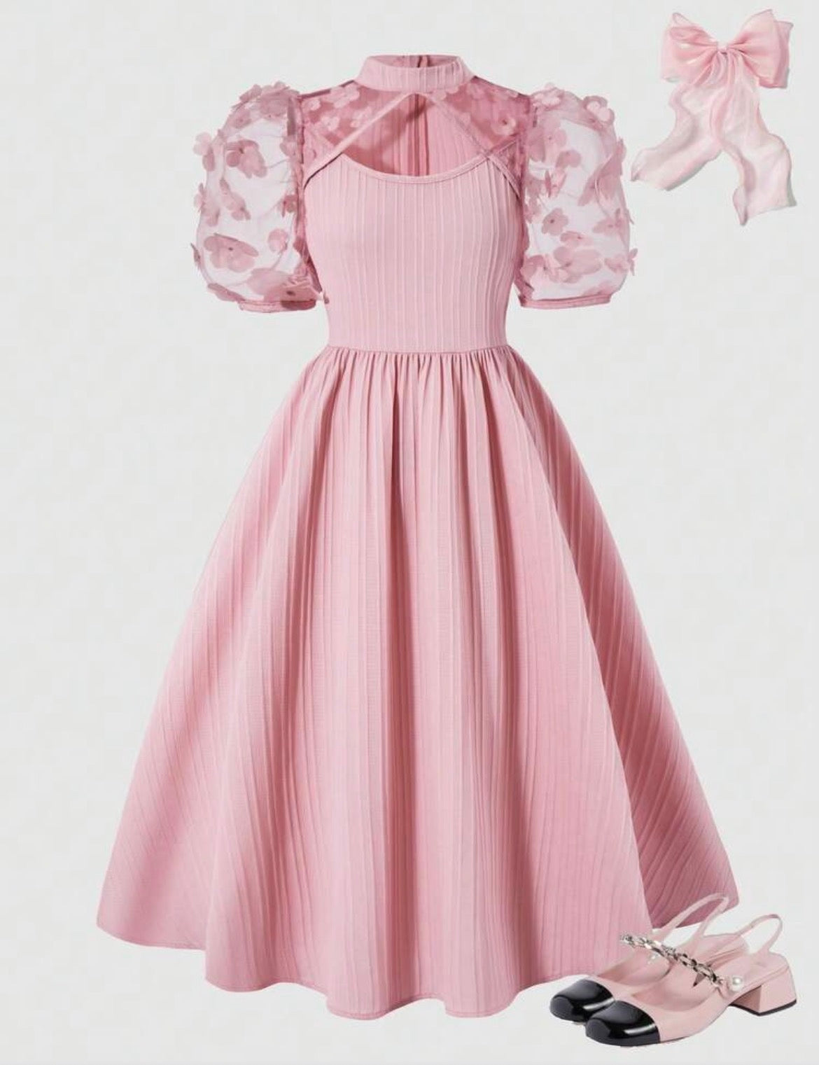 Pink Textured  Dress With Pearl Beaded Sleeves, Hollow Bowknot Decor