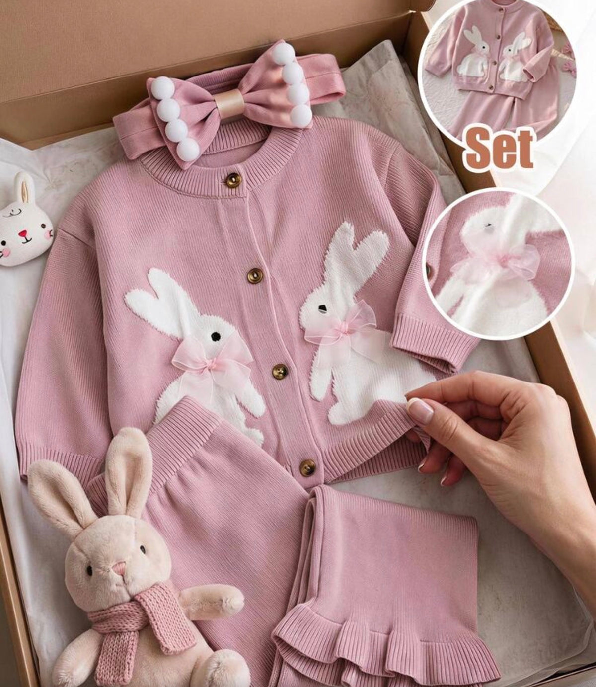 Rabbit Pattern 3D Bow Knitted Long Sleeve Button-Up Top Elastic Waist Long Pants 2-Piece Set