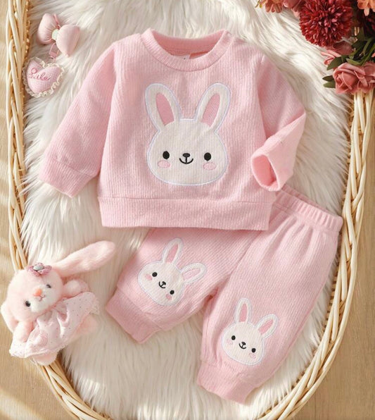 Pink Cute Rabbit Embroidered Long Sleeved Two Pieces Set