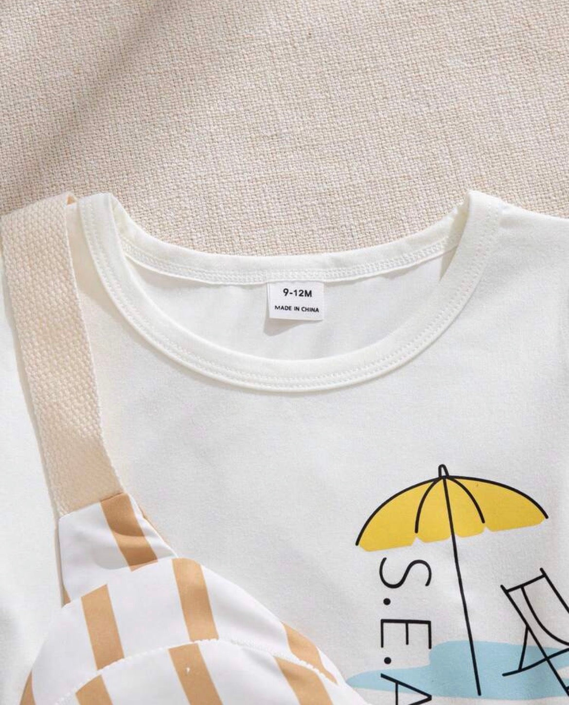 3-Piece Baby White Graphic Tee,Striped Shorts&Crossbody Bag