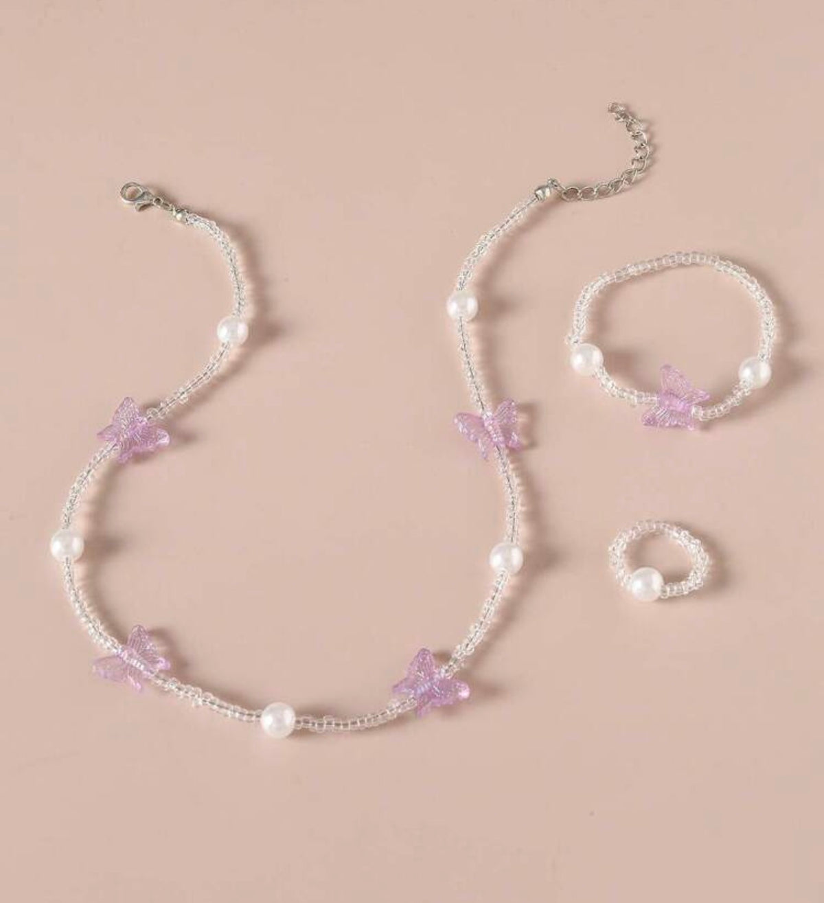 1pc Girls Butterfly & Faux Pearl Decor Plastic Necklace & 1pc Ring & 1pc Bracelet For Daily Decoration