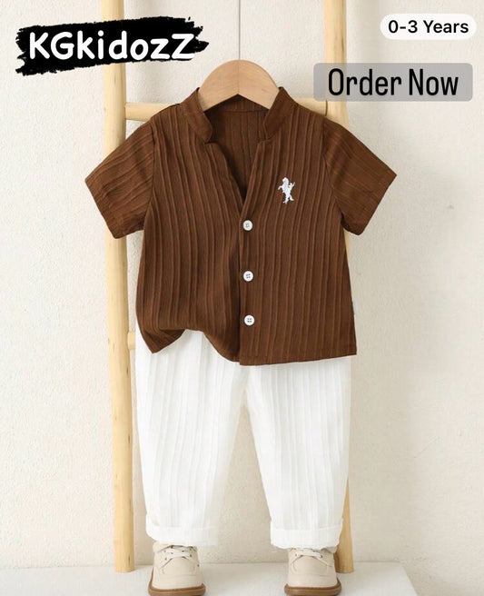 2pcs Striped Stand Collar Short Sleeve Shirt And Long Pants Set