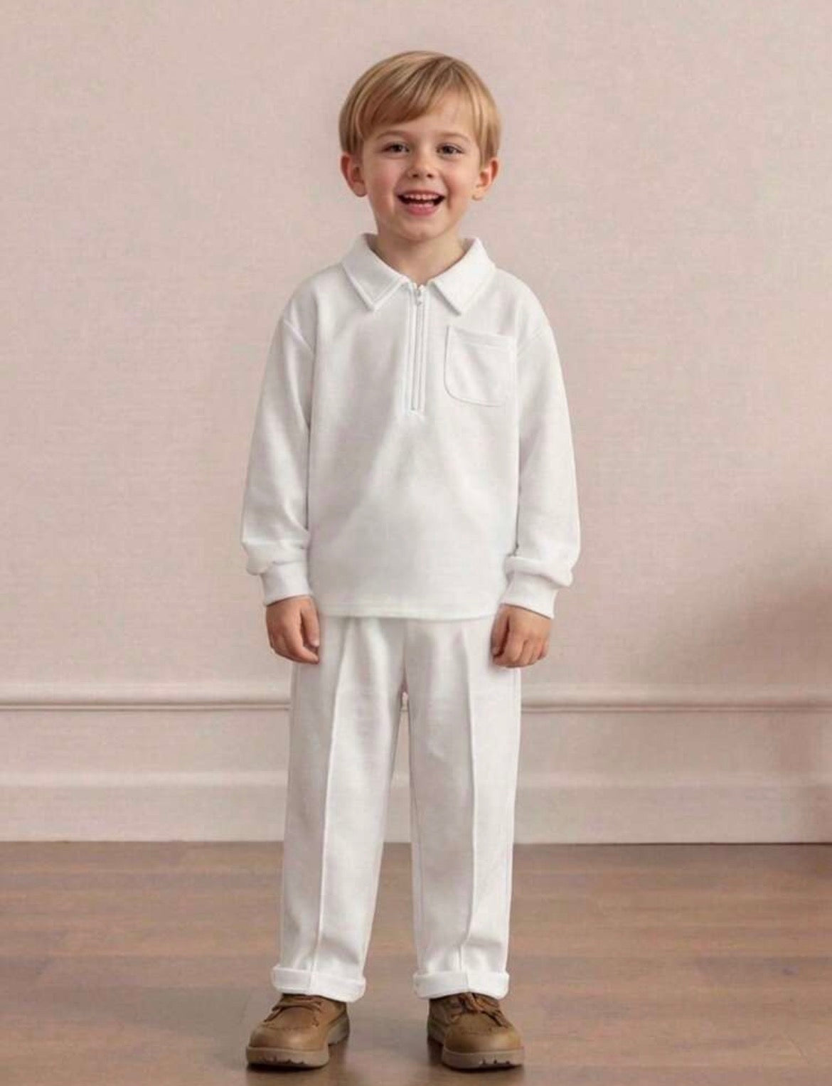 Matching Solid Color Half-Zip Collared Long Sleeve Pullover Top & Waistband-Free Pants
