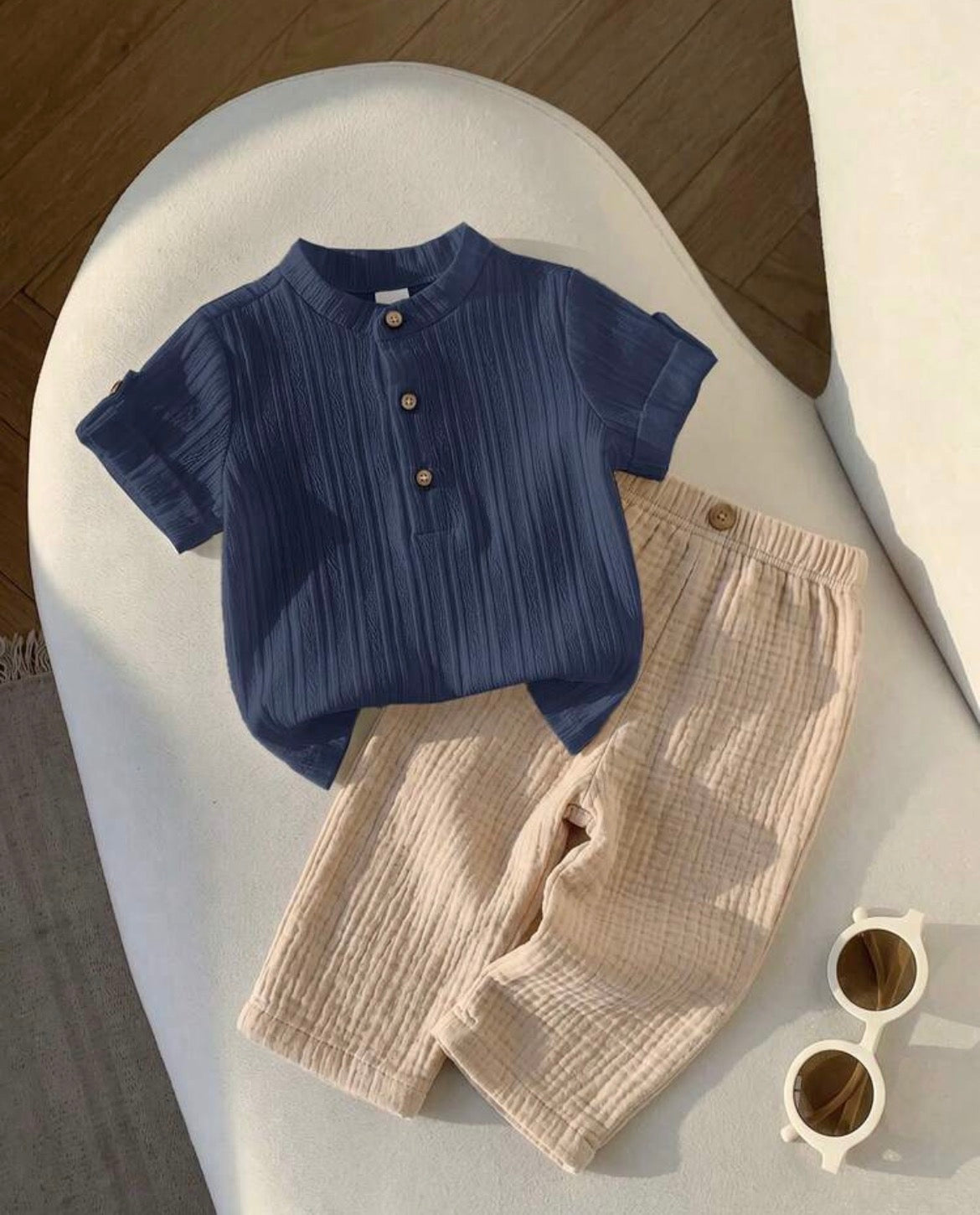 Grey Collared Shirt&Striped Elastic Waist Pants Set