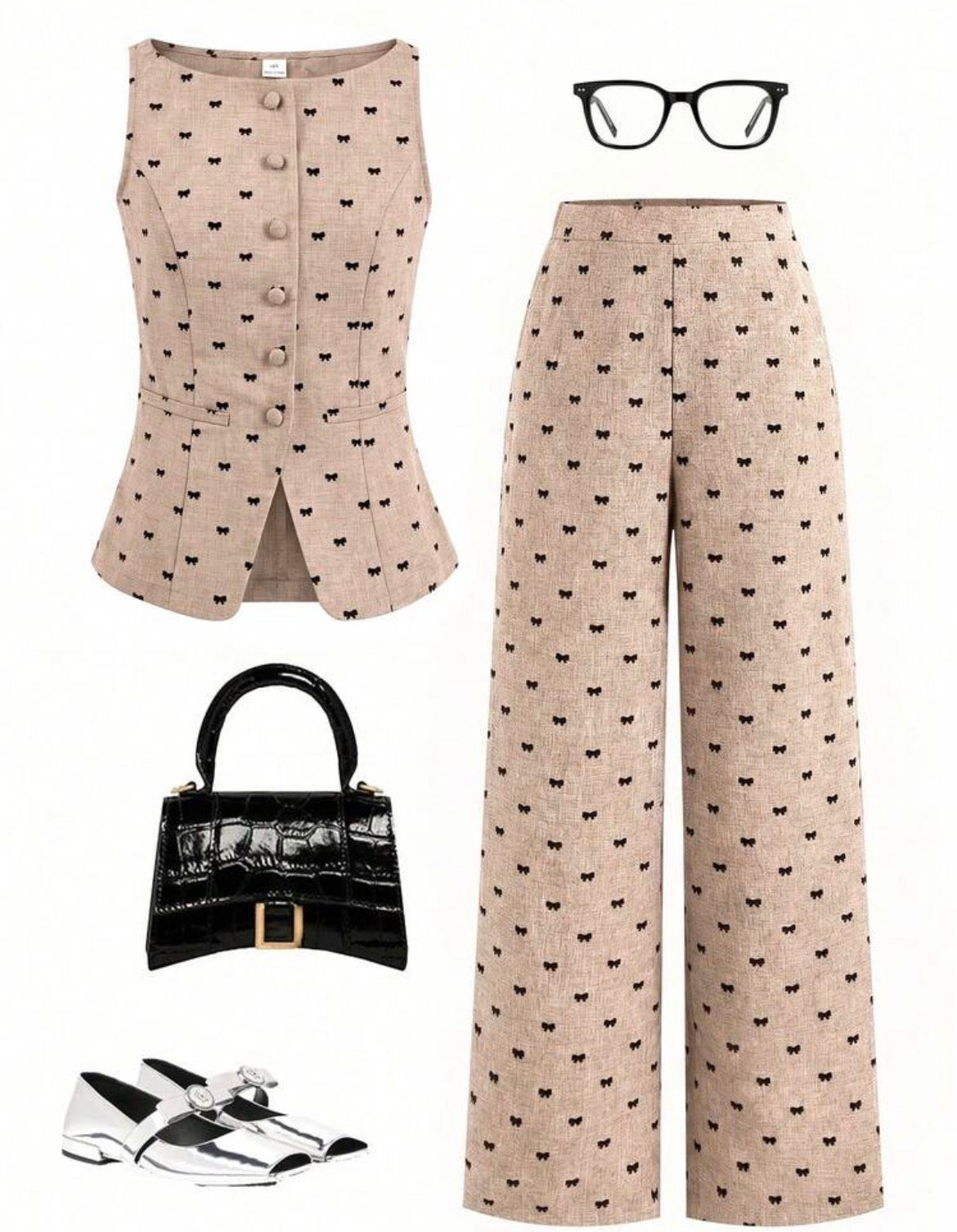Flocked Bow Sleeveless Top And Straight Leg Pants Set