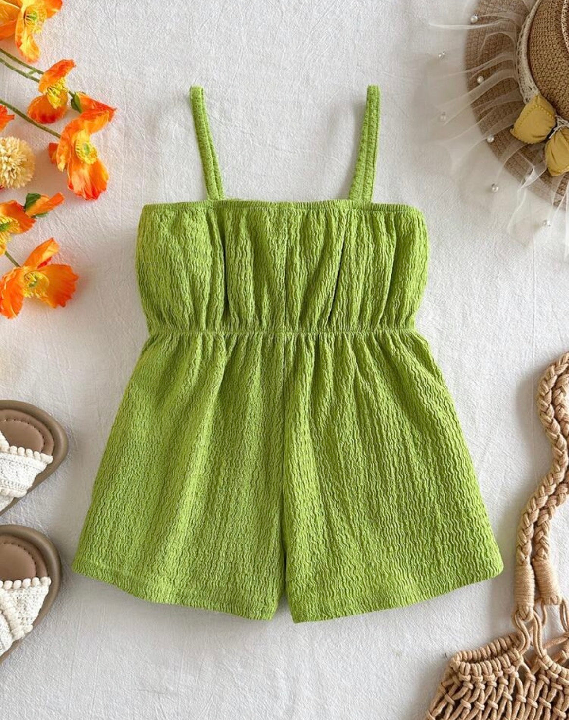 Lime Green Romper,Textured Bow Strap 1-Piece