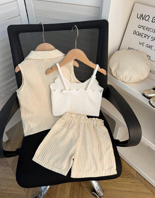 4pcs/Set Striped Vest Jacket & White Lace Trim Camisole & Beret Hat & Matching Shorts