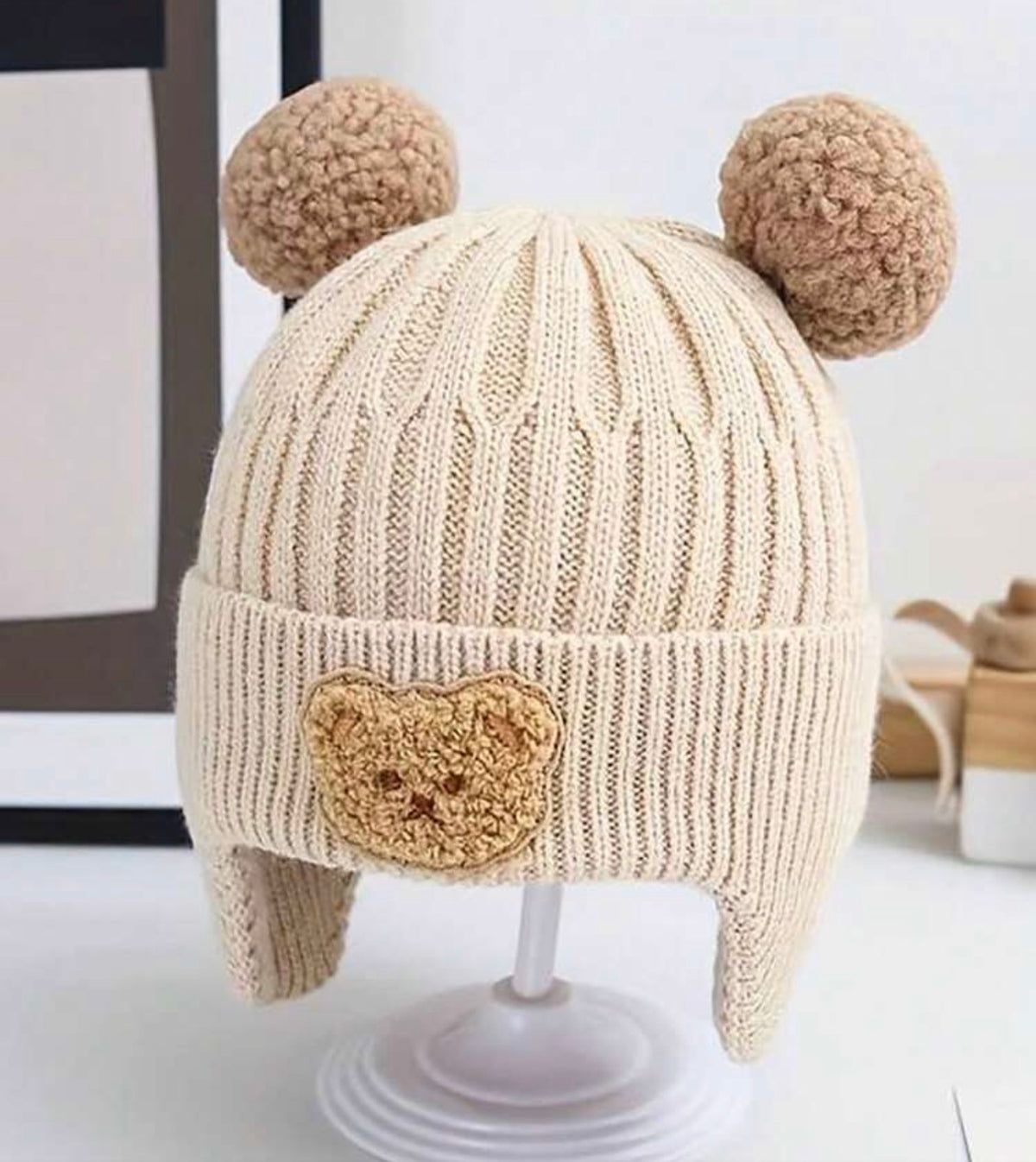 1pc Cute Bear Ear Protection Knitted Baby Hat, Winter