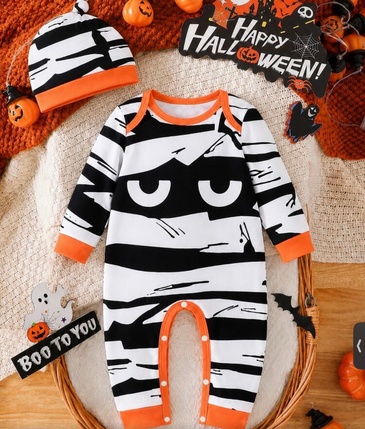 2pcs Toddler Newborn Baby Boy Ghost Pumpkin All-Over Print Halloween Party Crew Neck Long Sleeve Cuffed Jumpsuit With Hat