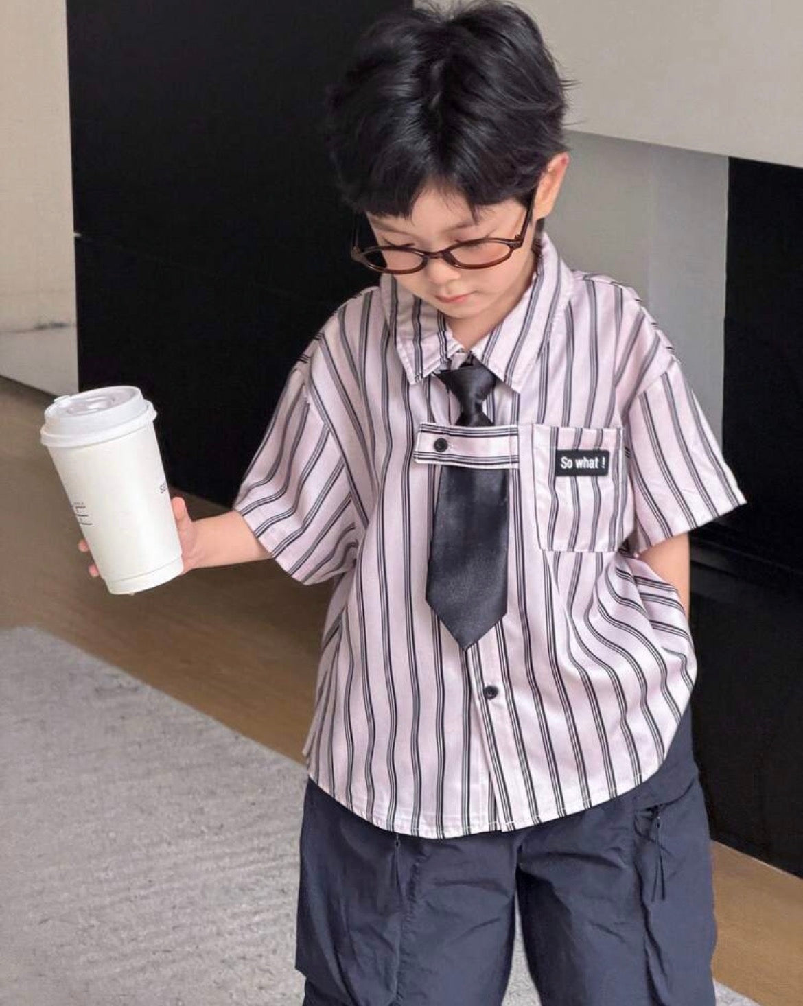 Japanese Academy Style Stripe Pattern Patch Pocket Collar Short Sleeve Shirt With Tie Set