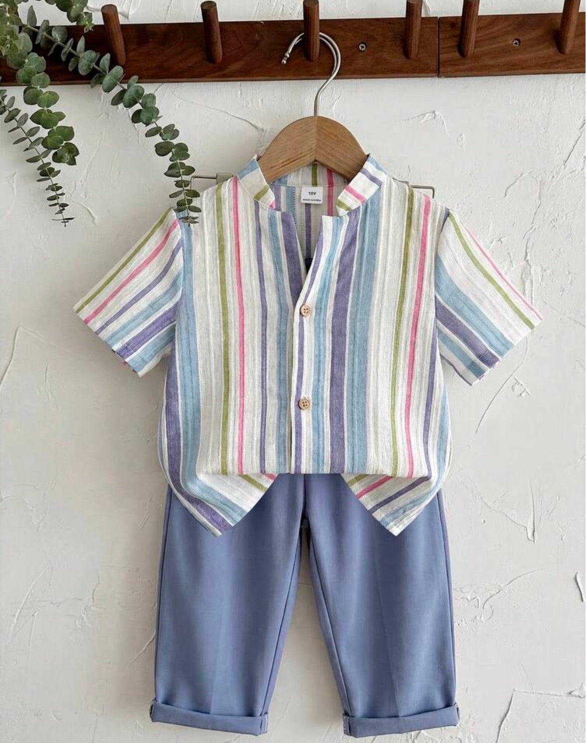 LMoss Woven Solid Color Casual Shirt And Striped Long Pants 2 Pieces Set