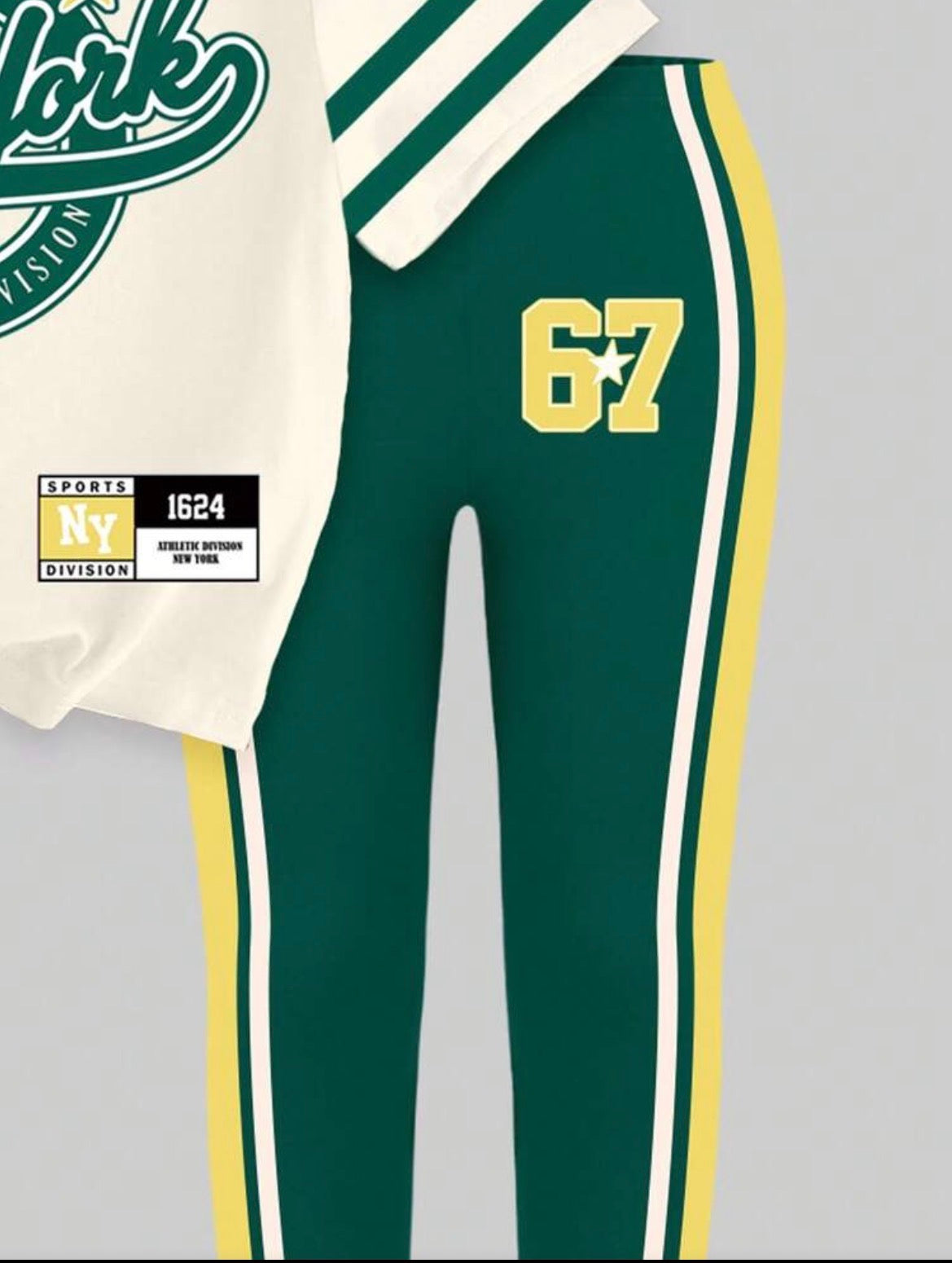 New York 67 Badge Stripe Green Yellow Color Block Letter Slogan Graphic Print Short T-Shirt And Leggings Set
