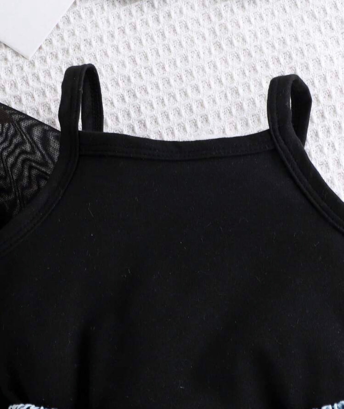 3pcs/Set Black Mesh Top, Matching Black Camisole, Blue Denim Pants