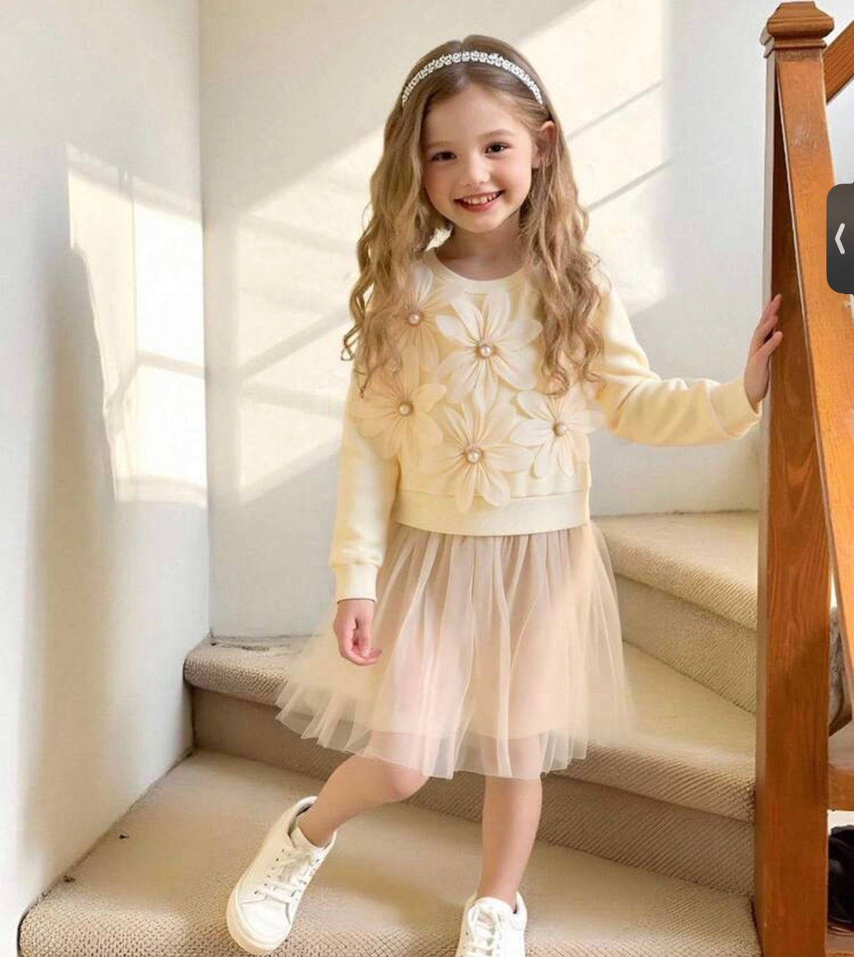 2pcs Toddler Girl Tulle Tutu Dress 3D Floral Bow Mesh Long Sleeve Round Neck
