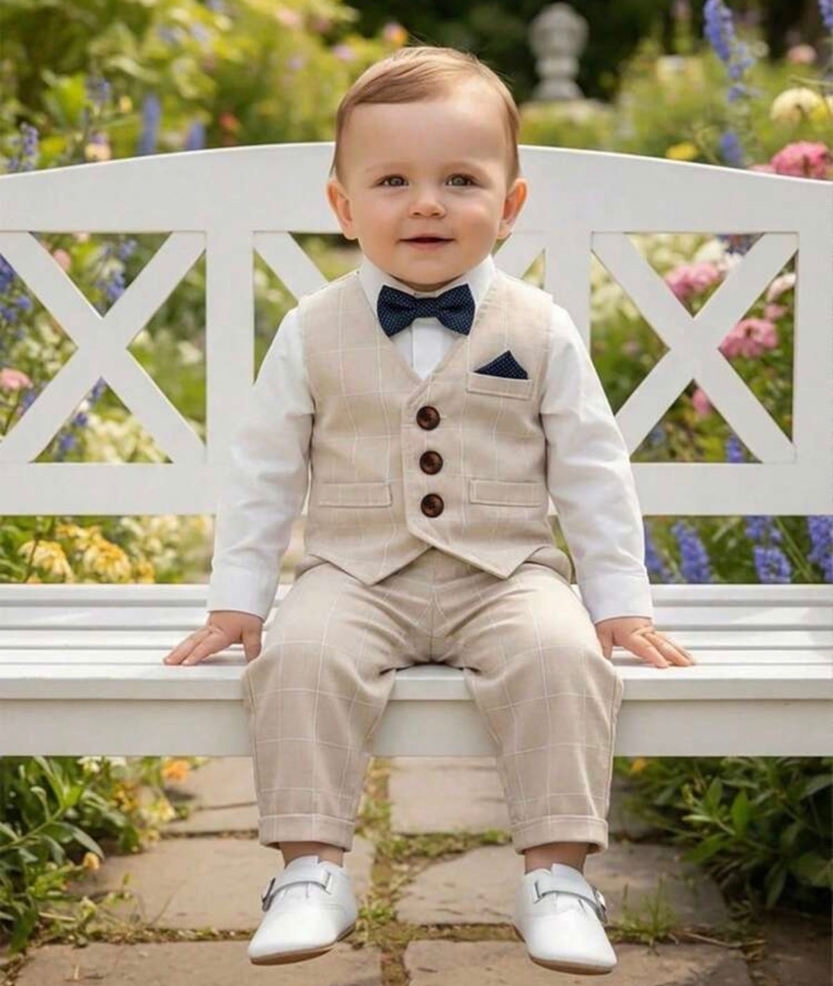 Gentleman 3-Piece Set White Long Sleeve Shirt With Bow Tie Plaid Vest And Long Pants